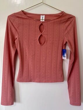 Abound| NEW Rose Pink Double Keyhole Ribbed Long-Sleeve Knit Top Sz XS NWT